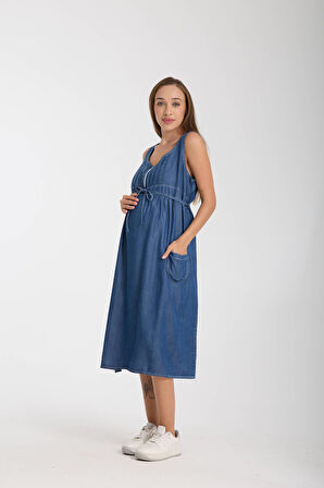 IŞŞIL 4562-Lyocell Emzirme Detaylı Hamile Midi Boy Elbise