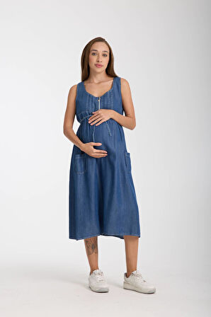 IŞŞIL 4562-Lyocell Emzirme Detaylı Hamile Midi Boy Elbise