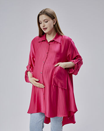 IŞŞIL 50866-Çizgili OwerSize Hamile Spor Gömlek-Tunik
