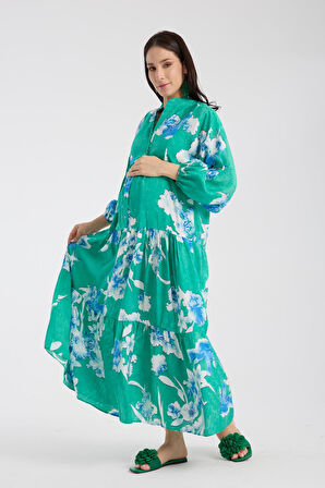 IŞŞIL 34951-Lyosell Çiçekli OverSize Hamile Giyim Elbise