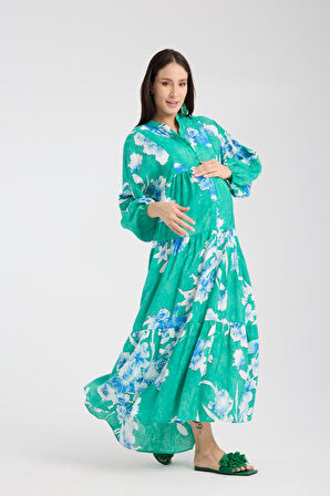 IŞŞIL 34951-Lyosell Çiçekli OverSize Hamile Giyim Elbise