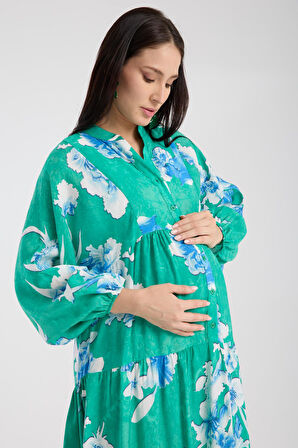 IŞŞIL 34951-Lyosell Çiçekli OverSize Hamile Giyim Elbise