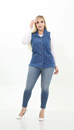 IŞŞIL 300-Büyük Beden Esnek Cepli  Kot Yelek