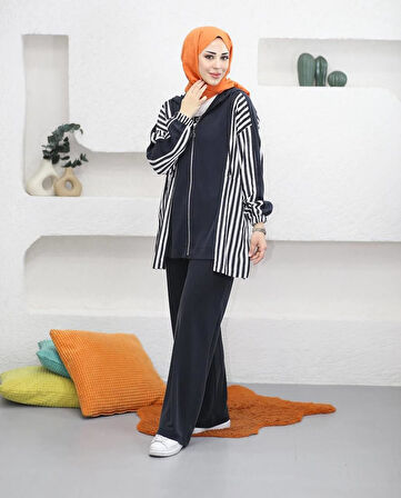 IŞŞIL 70081-Çizgi Kombin Esnek Penye Pantolonlu Takım