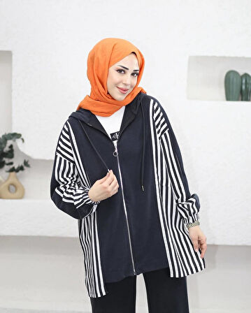 IŞŞIL 70081-Çizgi Kombin Esnek Penye Pantolonlu Takım