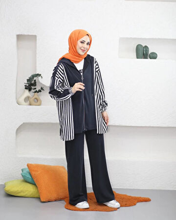 IŞŞIL 70081-Çizgi Kombin Esnek Penye Pantolonlu Takım