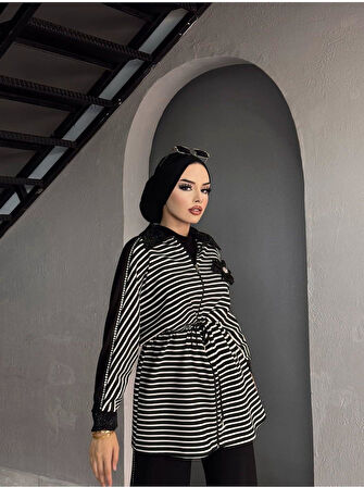 IŞŞIL 72054-İnci Taşlı Çizgili Esnek Penye Pantolonlu Takım