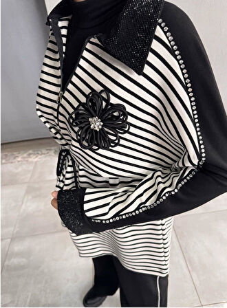 IŞŞIL 72054-İnci Taşlı Çizgili Esnek Penye Pantolonlu Takım