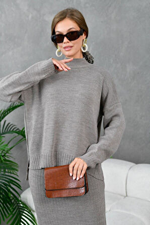 IŞŞIL 10270-Balıkçı Yaka OverSize Triko Etekli Takım