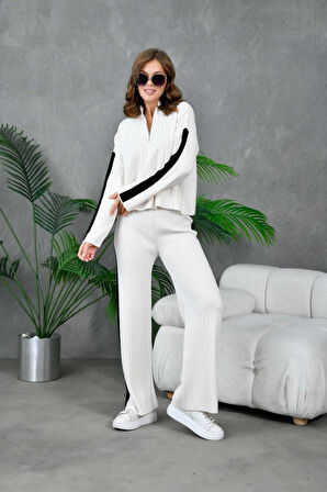 IŞŞIL 10858-Fermuarlı Yaka OverSize Pantolonlu Triko Takım