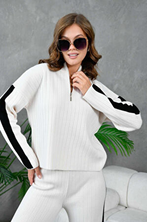 IŞŞIL 10858-Fermuarlı Yaka OverSize Pantolonlu Triko Takım