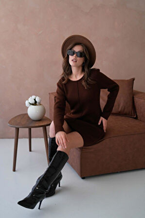 IŞŞIL 12027-Sıfır Yaka OverSize Triko Mini Tunik-Elbise