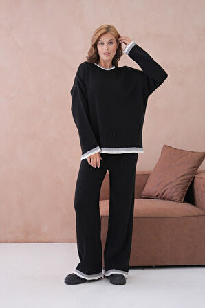 IŞŞIL 12227-Sıfır Yaka Şeritli Triko Pantolonlu Takım