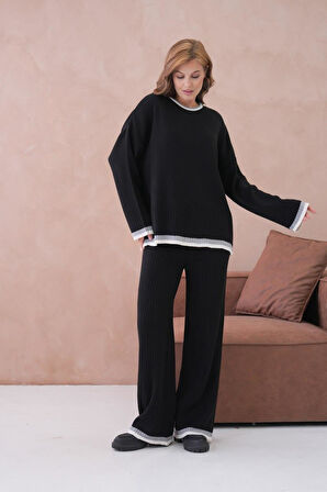 IŞŞIL 12227-Sıfır Yaka Şeritli Triko Pantolonlu Takım