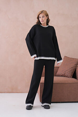 IŞŞIL 12227-Sıfır Yaka Şeritli Triko Pantolonlu Takım