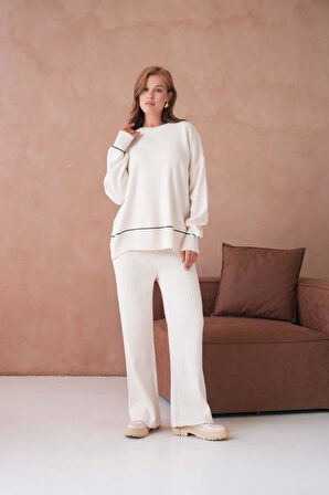 IŞŞIL 12231-Sfır Yaka Çizgi Uç Triko Pantolonlu Takım