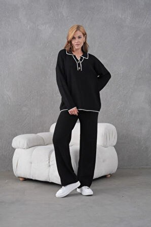 IŞŞIL 12265-Düğmeli Pola Yaka Triko Pantolonlu Takım