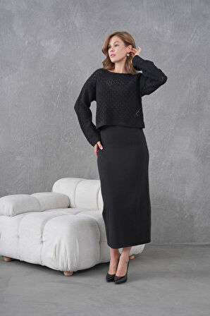 IŞŞIL 8600-Örgü Üst Askılı V Yaka  OverSize Triko Elbise