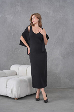 IŞŞIL 8600-Örgü Üst Askılı V Yaka  OverSize Triko Elbise