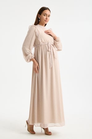IŞŞIL M0024-Hakim Yaka Mini Leopar Desen Hamile Maxi Şifon Elbise