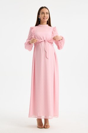 IŞŞIL M0024-Hakim Yaka Mini Leopar Desen Hamile Maxi Şifon Elbise