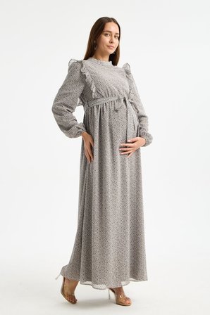 IŞŞIL M0024-Hakim Yaka Mini Leopar Desen Hamile Maxi Şifon Elbise