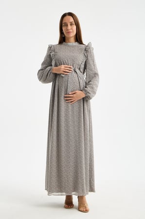 IŞŞIL M0024-Hakim Yaka Mini Leopar Desen Hamile Maxi Şifon Elbise