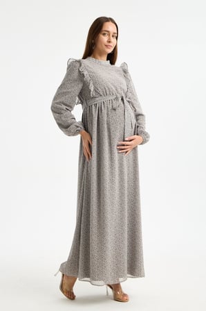 IŞŞIL M0024-Hakim Yaka Mini Leopar Desen Hamile Maxi Şifon Elbise