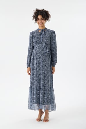 IŞŞIL M0015-Yaka Bağlamalı Çiçek Desen Maxi Hamile Elbise
