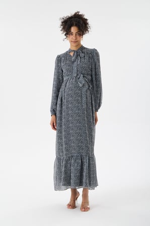 IŞŞIL M0015-Yaka Bağlamalı Çiçek Desen Maxi Hamile Elbise