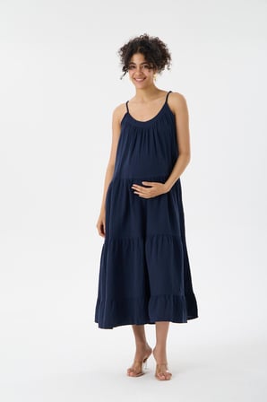 IŞŞIL 1077-Muslin Kumaş Askılı OverSize Hamile Askılı Elbise
