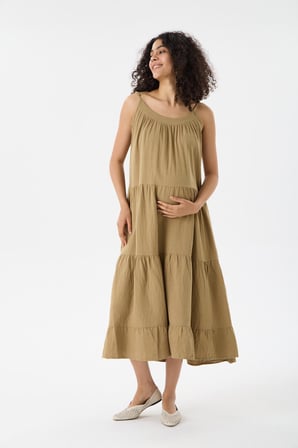 IŞŞIL 1077-Muslin Kumaş Askılı OverSize Hamile Askılı Elbise