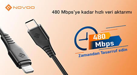 Novoo Type-C iPhone Lightning Hızlı Şarj Kablosu Siyah 1.2 Metre
