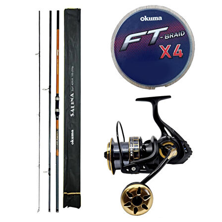 YekOutdoor Profesyonel Olta Seti Okuma Salina Surf 14' 420 cm 3 Parça Surf Kamışı&Kendo Black Bass GP10000 5+1BB Olta Makinesi