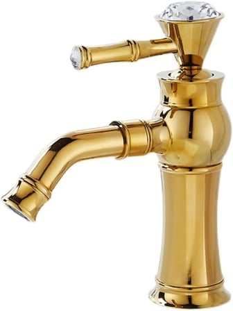 Altın Renkli Retro Taşlı Lavabo Bataryası Gold Pirinç Gövde Tek Kollu Perlatörlü Banyo Musluğu