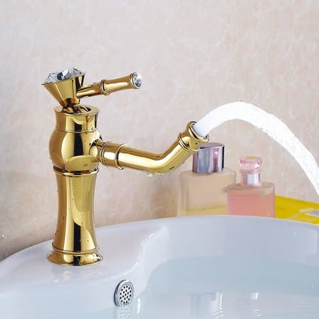 Altın Renkli Retro Taşlı Lavabo Bataryası Gold Pirinç Gövde Tek Kollu Perlatörlü Banyo Musluğu