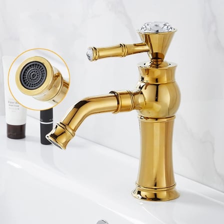 Altın Renkli Retro Taşlı Lavabo Bataryası Gold Pirinç Gövde Tek Kollu Perlatörlü Banyo Musluğu