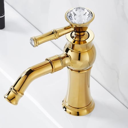 Altın Renkli Retro Taşlı Lavabo Bataryası Gold Pirinç Gövde Tek Kollu Perlatörlü Banyo Musluğu