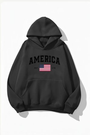 Unisex Yumuşak Dokulu America Baskılı Tasarım Oversize 3 İplik Hoodie Sweatshirt