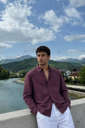 Erkek Minimal Baskılı Oversize Dokulu Gömlek Mürdüm