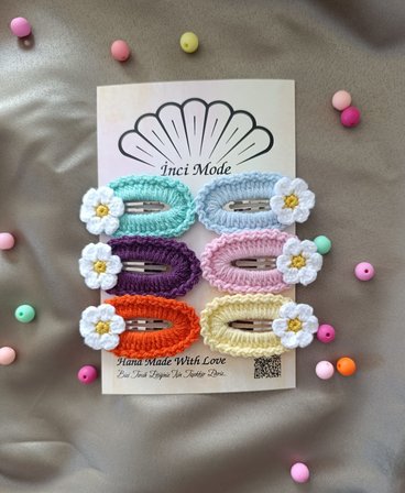 Amigurumi El Yapımı 6'lı Renkli Papatya ÇıtÇıtlı Kombin Toka Seti