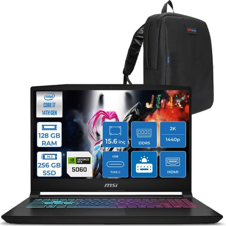 MSI Msı Katana 15 Hx B14WFK-449XTR 14. Nesil Intel İ7-14650HX 128GB Ddr5 256GB SSD 8GB/RTX5060 115W 15.6" Qhd 2560X1440 165Hz IPS Freedos Taşınabilir Bilgisayar. W449XTRF26128G + Zettaçanta