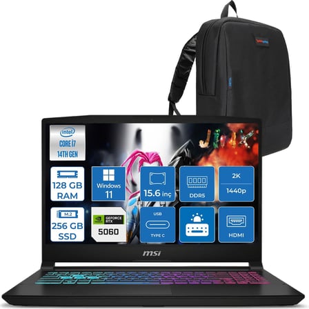 MSI Msı Katana 15 Hx B14WFK-449XTR 14. Nesil Intel İ7-14650HX 128GB Ddr5 256GB SSD 8GB/RTX5060 115W 15.6" Qhd 2560X1440 165Hz IPS Windows 11 Pro Taşınabilir Bilgisayar. W449XTRP26128G + Zettaçanta