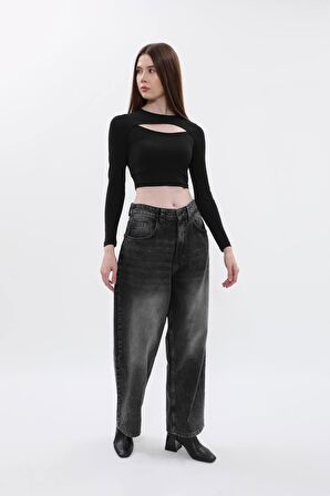 Kadın İspanyol Paça Yüksek Bel Jean Pantolon Antrasit