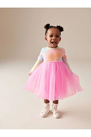 Pamuklu Pembe Gökkuşağı Desenli Uzun Kollu Tütülü Elbise