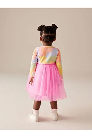 Pamuklu Pembe Gökkuşağı Desenli Uzun Kollu Tütülü Elbise