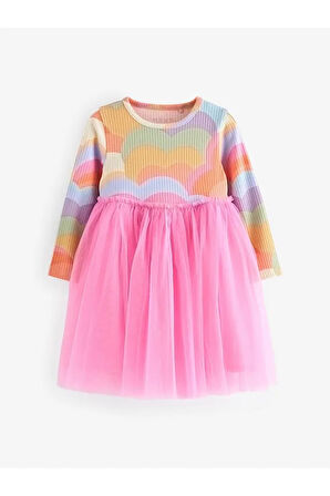 Pamuklu Pembe Gökkuşağı Desenli Uzun Kollu Tütülü Elbise