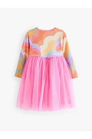 Pamuklu Pembe Gökkuşağı Desenli Uzun Kollu Tütülü Elbise