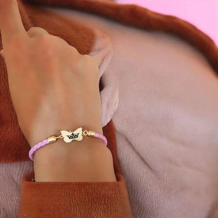 14 Ayar Altın Plakalı Taç Temalı Kelebek Motifli Doğal Pembe Derili Hediye Bileklik-429