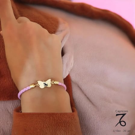 14 Ayar Altın Plakalı Oğlak Burçlarına Özel Doğal Pembe Derili Kelebek Motifli Hediye Bileklik-429